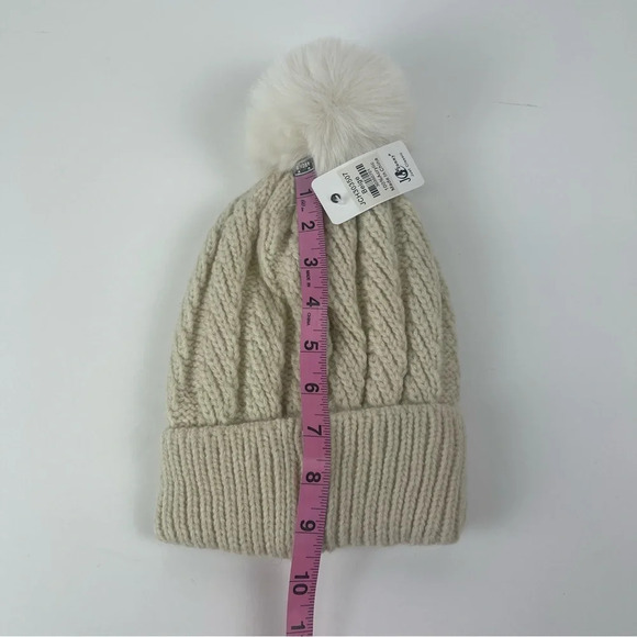JC Sunny Just Classy Hat Womens One Size Beige Knit Fauc Fur Pom Pom Beanie - Picture 5 of 7